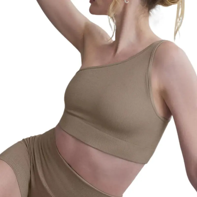 Alo Yoga Seamless Ribbed Asymmetric Shimmer Bra Tank Sport Vests Women's Sand-2