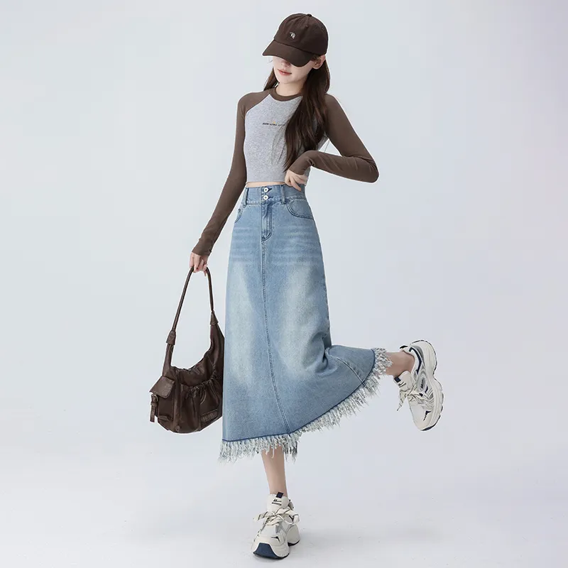 XIANSINIAO Denim Long Skirt Women's-3