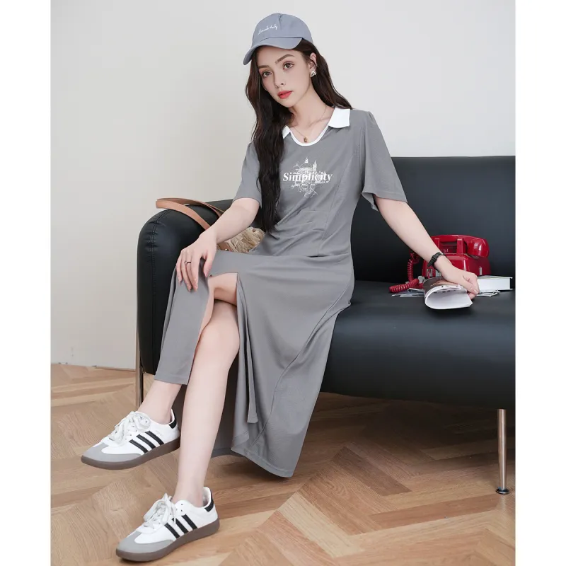 FAWENXIANGZI Short Sleeved Dress Cinched Waist Women's Light Gray-1