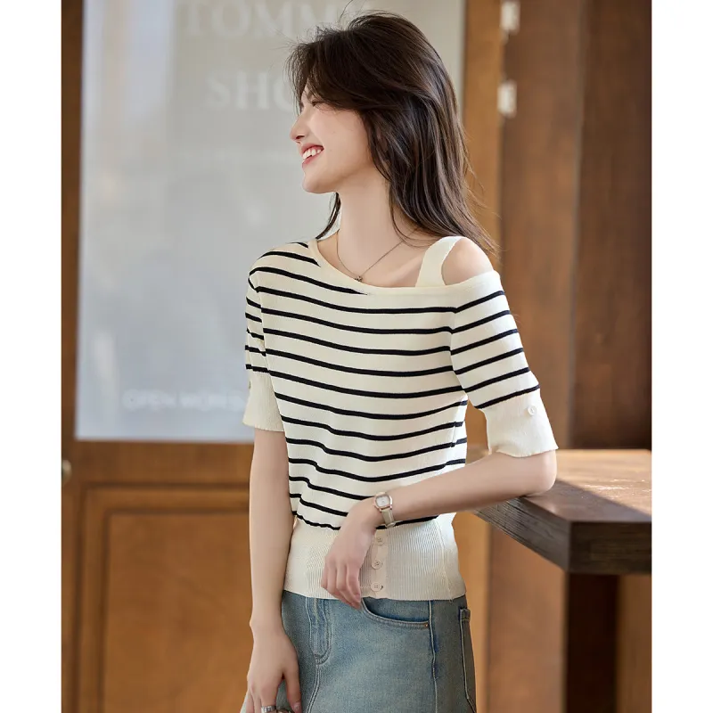 Still quiet T Shirts Women's Beige Stripes-3