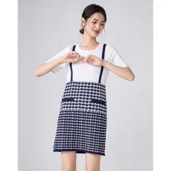 Love Elaine Short Sleeved Dress Women's Beige Apricot & Blue