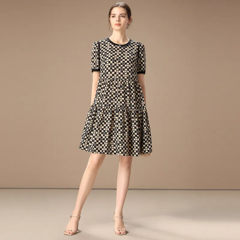 FENHONGMALI Spring Short Sleeved Dress Loose Fit Women's Checkerboard-1