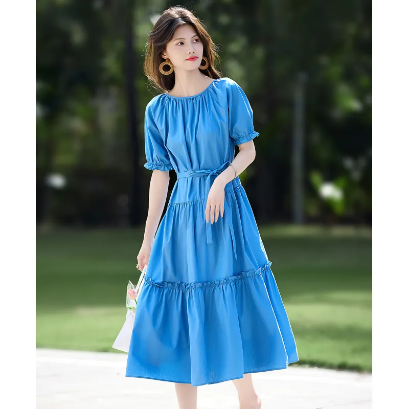 Still Quiet Short Sleeved Dress Women's Peacock Blue-1
