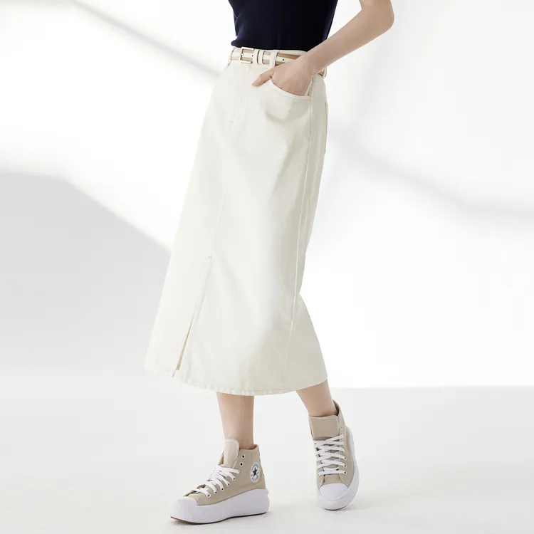 SHUIYUNJIAN Denim Long Skirt Women's Ivory White-3