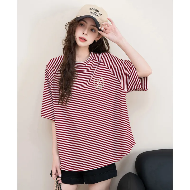 FAWENXIANGZI Summer Raglan Sleeve T Shirt Women's Red & White Loose Fit-3