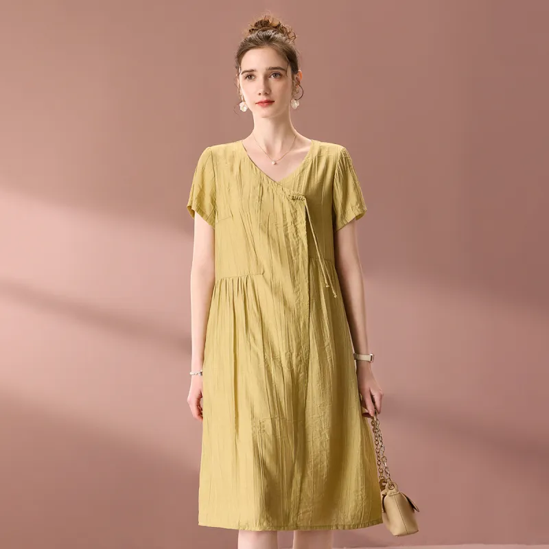 FENHONGMALI Short Sleeved Dress Women's Yellow-0