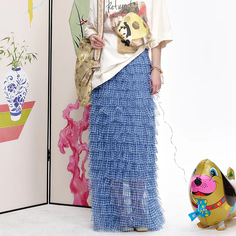 ELF SACK Casual Long Skirt Women's Blue Plaid-5