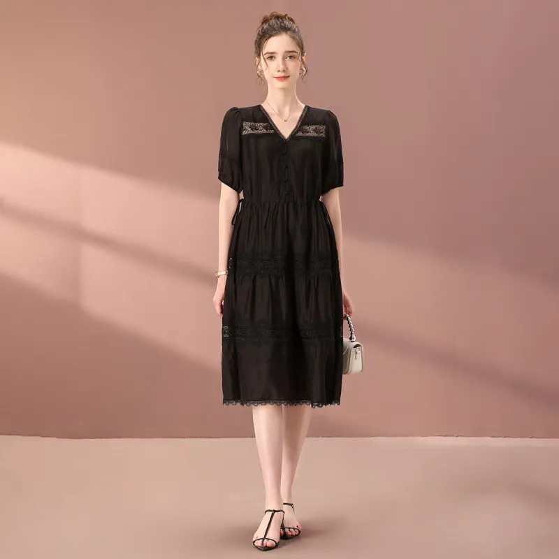 FENHONGMALI Short Sleeved Dresses Women's Black-0