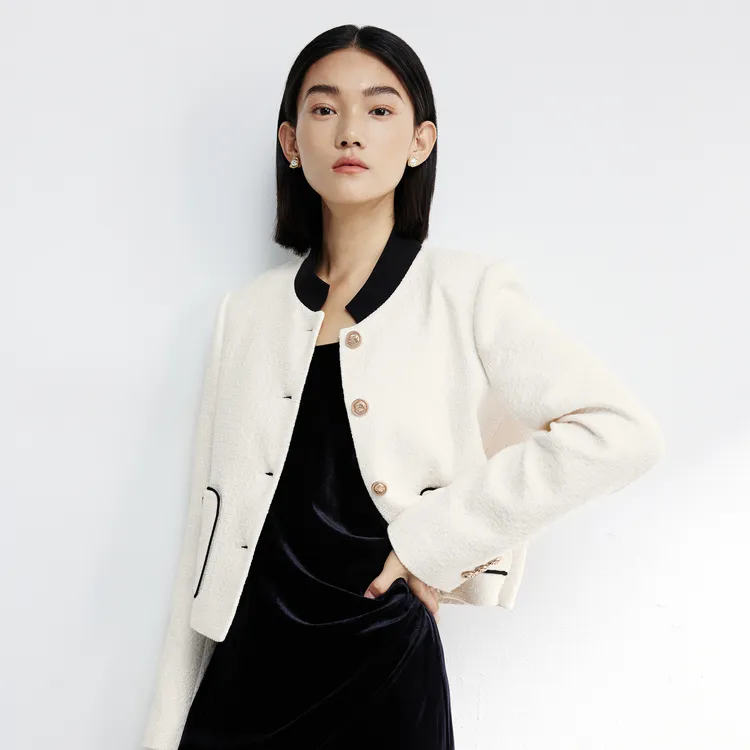 SHUIYUNJIAN Commute Business Double Breasted Short Coat Women's Beige Apricot-3