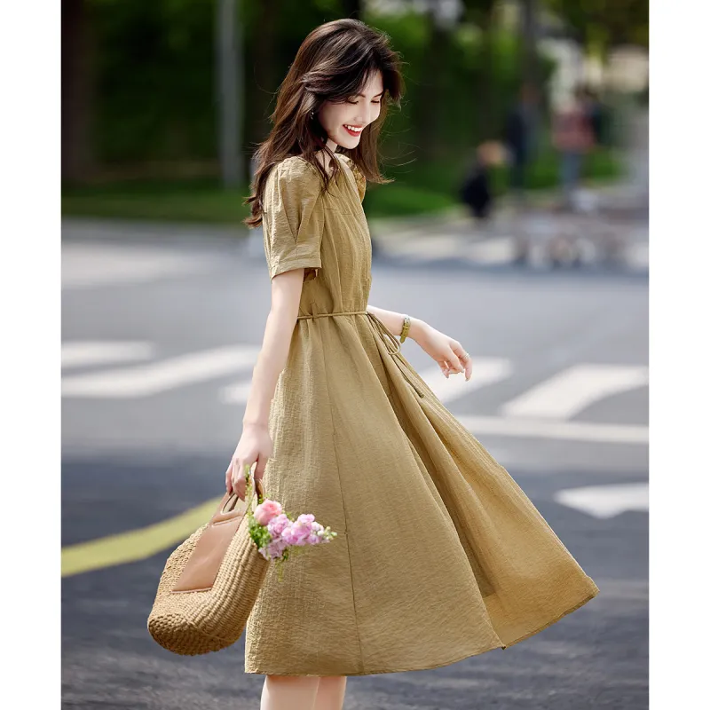 Still Quiet Short Sleeved Dress Women's Khaki Green-2