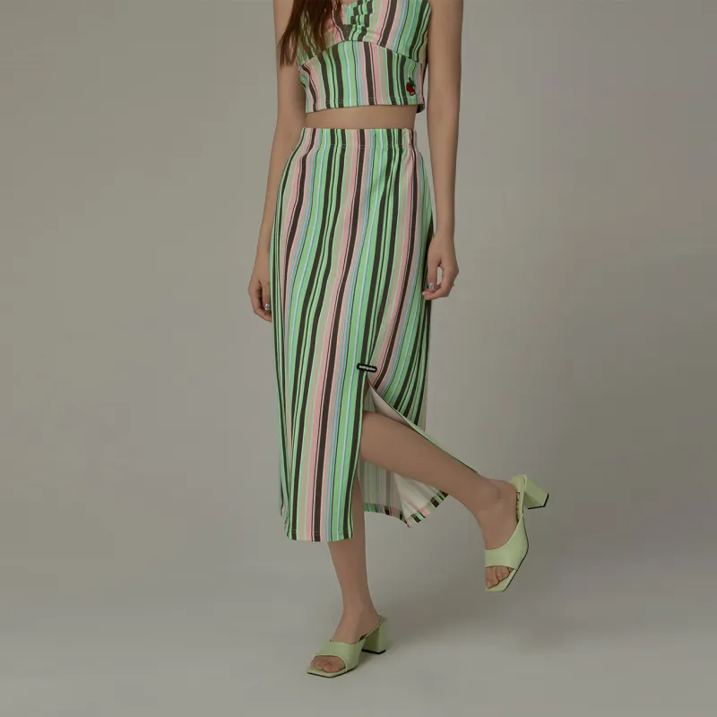 CHUU Casual Long Skirts Women's Pink Stripes-3