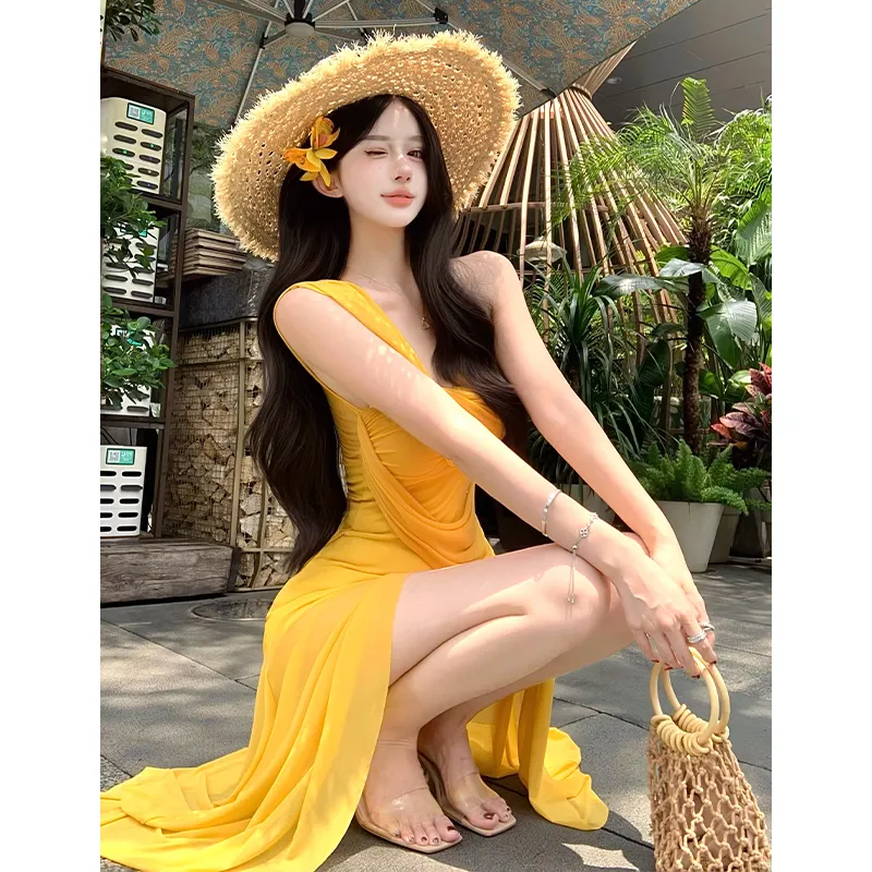 SNZX Slip Dresses Women's Yellow-2
