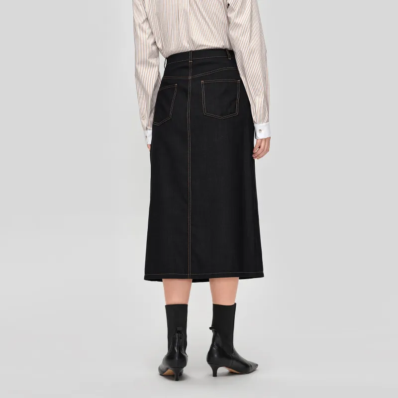 OVV Casual Long Skirts Women's Navy Blue Solid Color A9-3