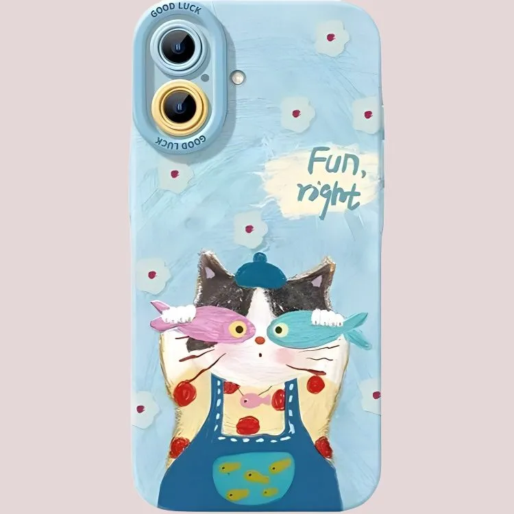 Sopi Silicone Material Oil Painting Kitten Catching Fish Phone Cases Compatibility With IPhone 16/15/13/14/Pro/Max-1
