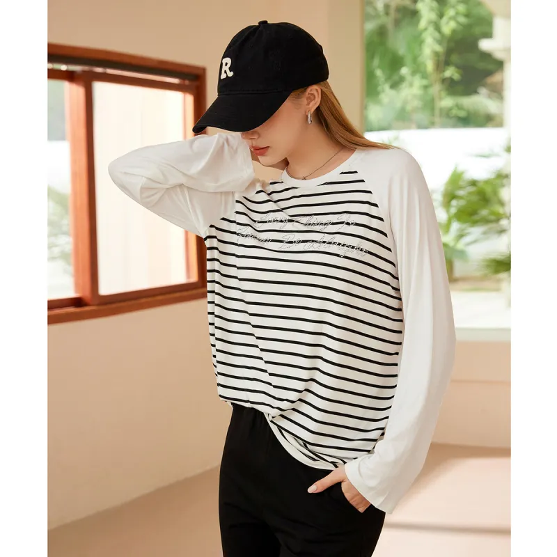 FAWENXIANGZI T Shirt Women's Ecru/Black Stripe-0