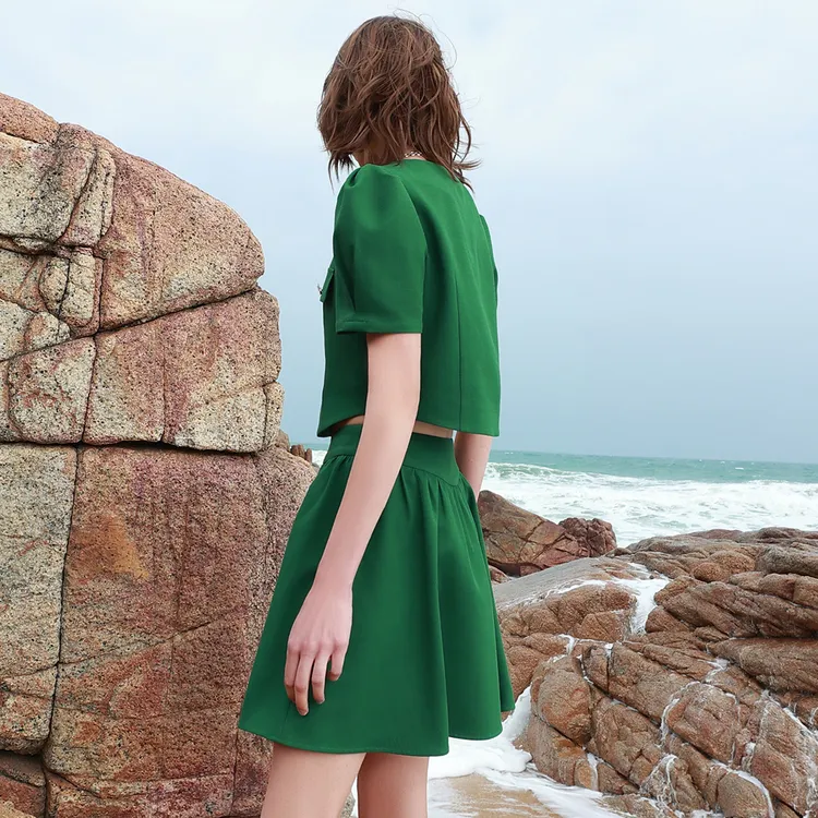 IBUDU Two Piece Skirt Sets Women's Clothing Sets Green Top+Skirt-2