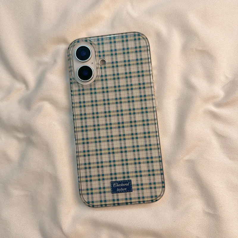 Sopi Acrylic Material Transparent Blue Plaid Label Phone Cases Compatible With IPhone 16/15 Pro Max/Apple 13/14 Pro/Max-3