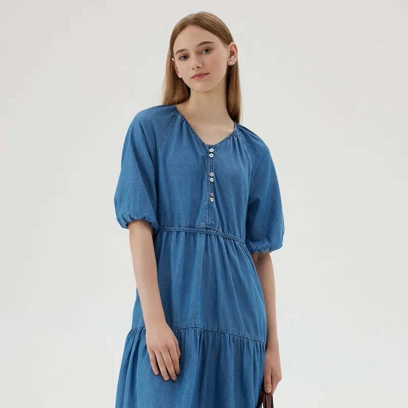 E.land Short-Sleeved Dresses Women's Medium Denim-2