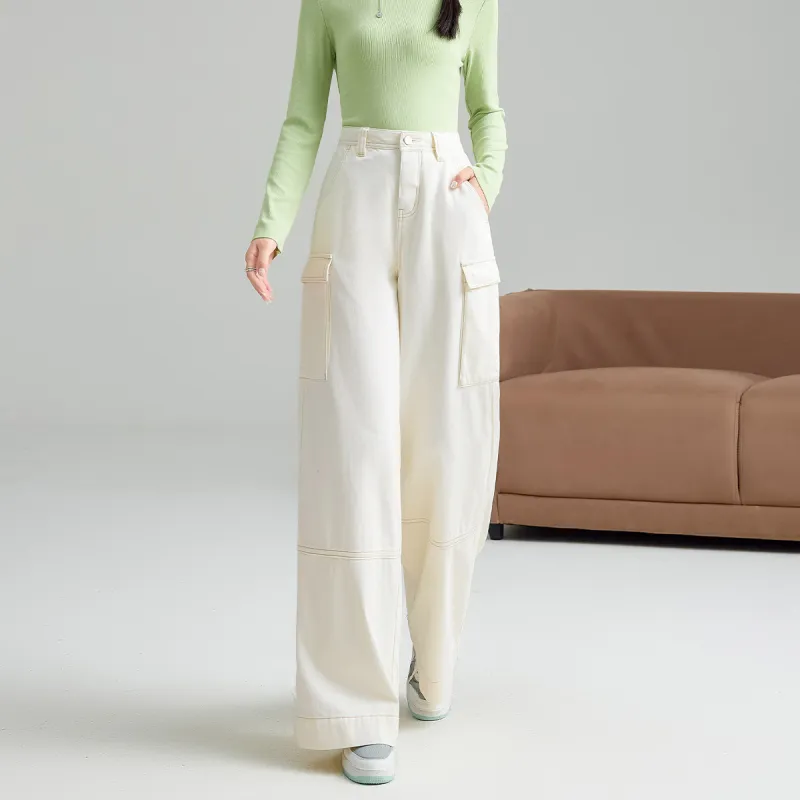 FAWENXIANGZI Spring, Fall, Winter Casual Pants Loose Fit Women's Ecru-5