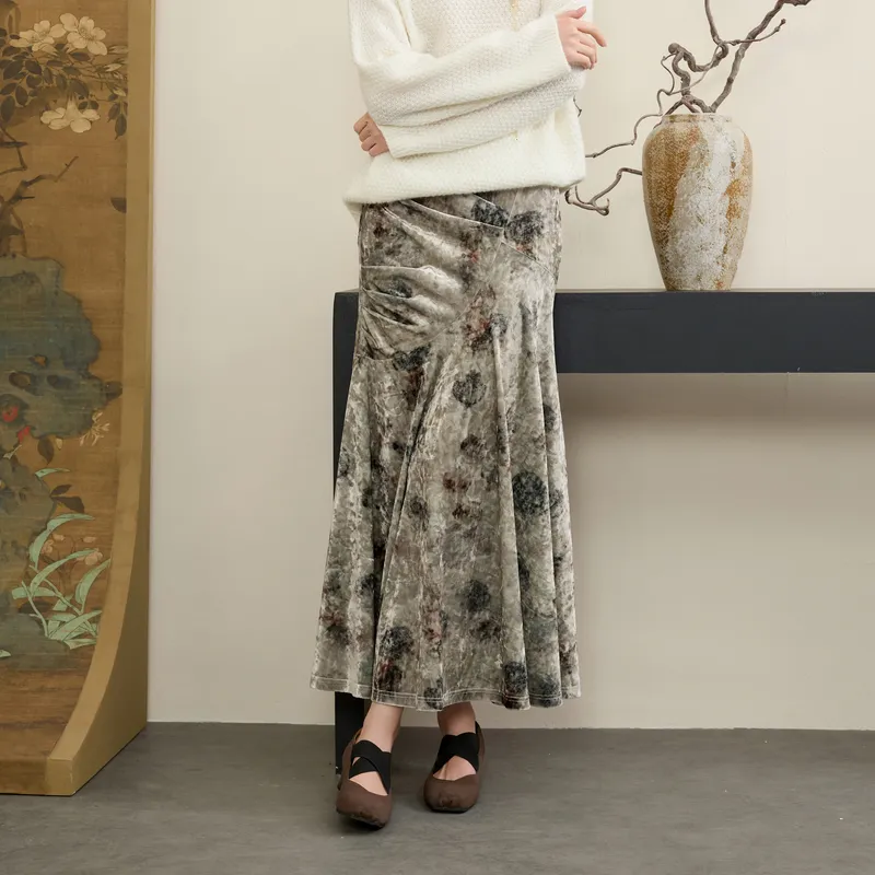 3COLOUR Casual Long Skirt Women's Green Beige Floral-4
