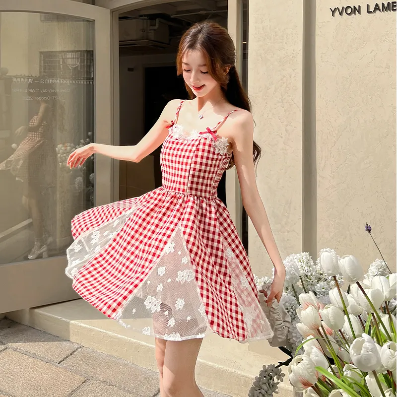 XIANSINIAO Slip Dresses Women's Strawberry Red Plaid-1