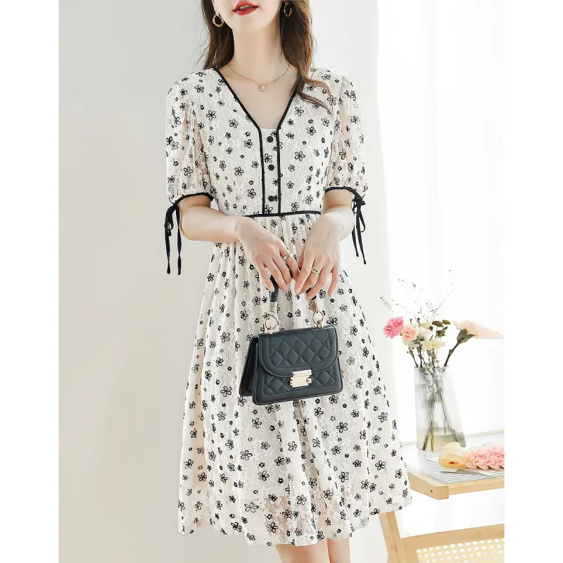 Like The Age Of Water Summer Short Sleeved Dress Regular Women's Black White-3