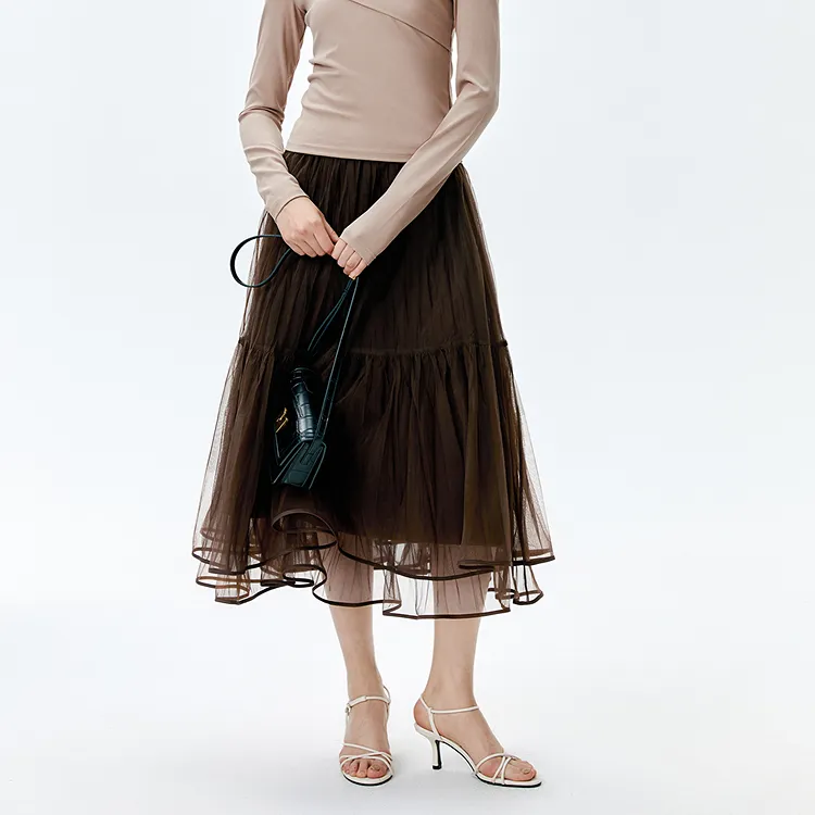 PEACEBIRD Casual Long Skirts Women's Brown-2