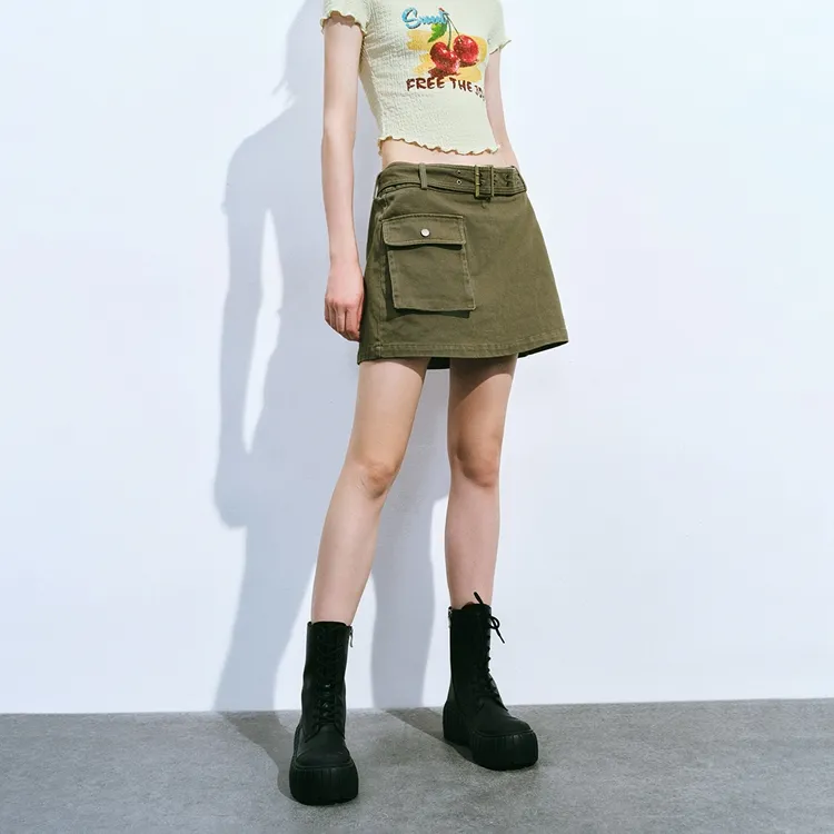 URBAN REVIVO Casual Short Skirts Women's Olive Green-2