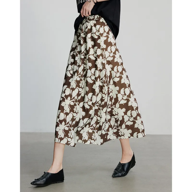 Initial Language Casual Long Skirts Women's White Coffee Flower-2
