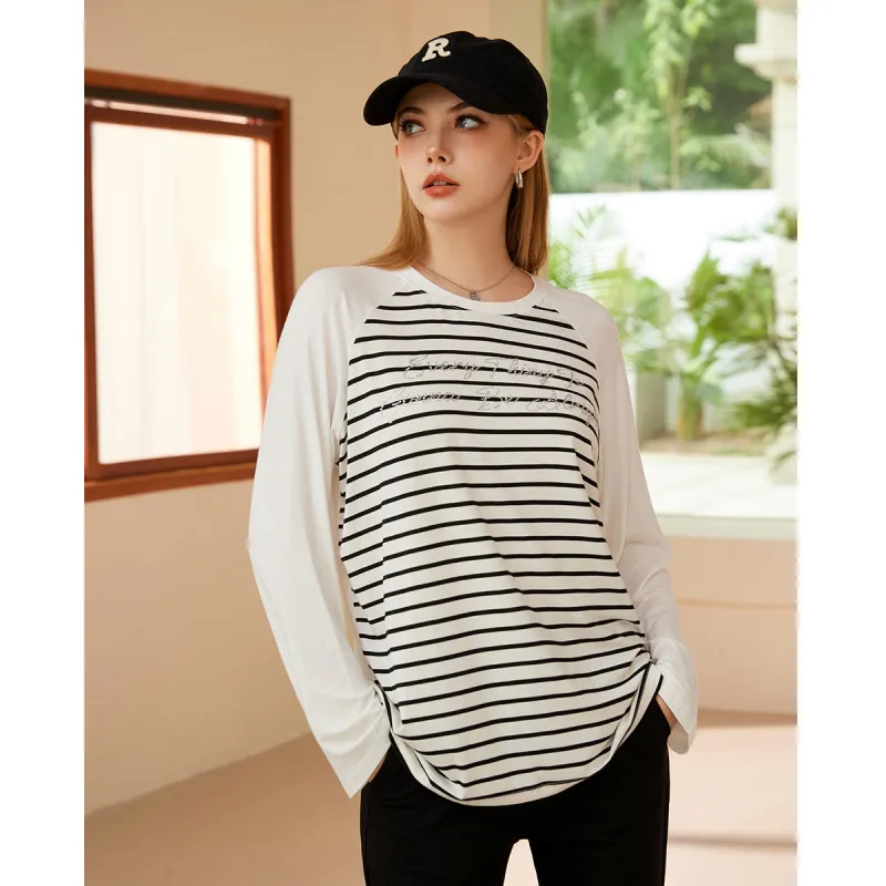 FAWENXIANGZI T Shirt Women's Ecru/Black Stripe-1