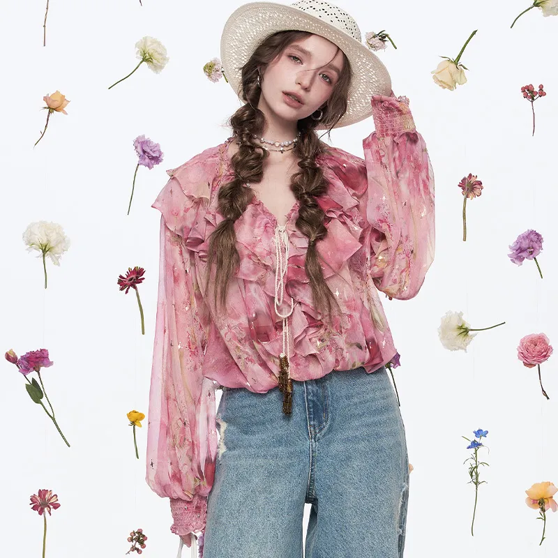 ELF SACK Chiffon Shirt Women's Floral Pink-3