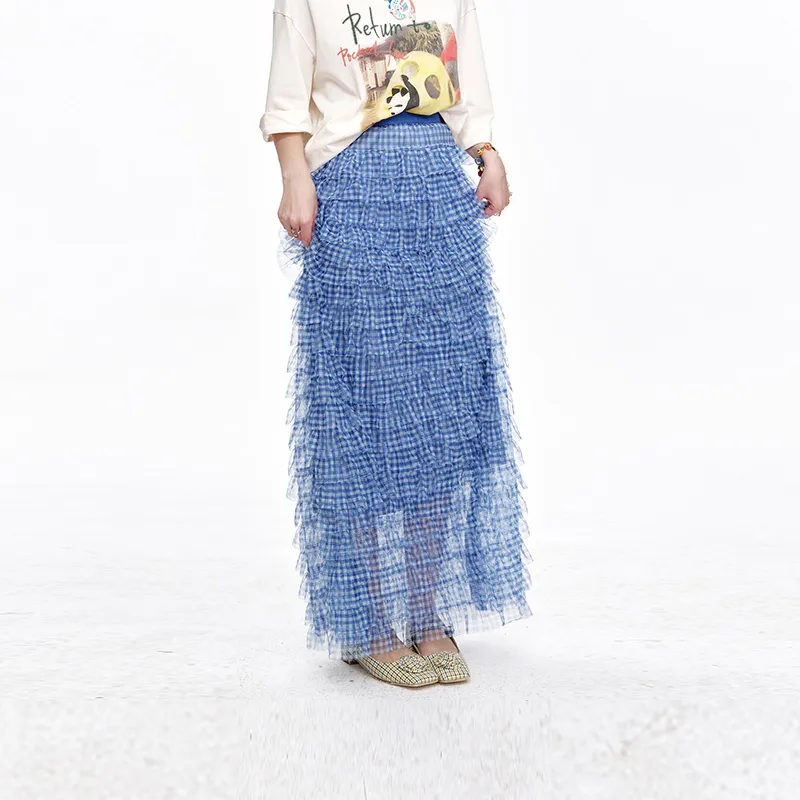 ELF SACK Casual Long Skirt Women's Blue Plaid-2