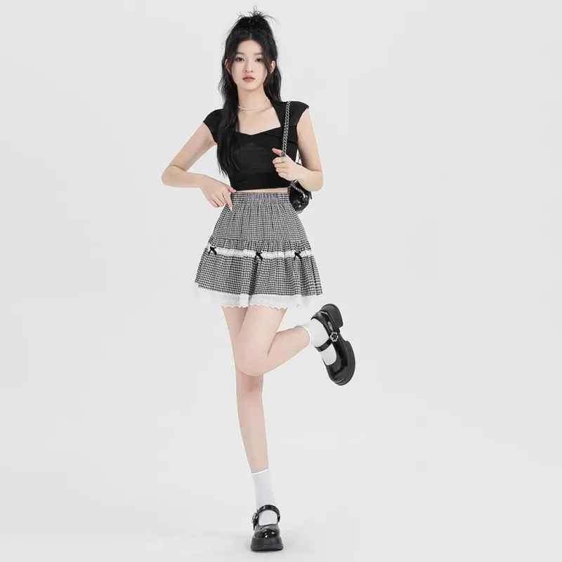 MISSHONEY MH Casual Short Skirts Women's Black Plaid-3