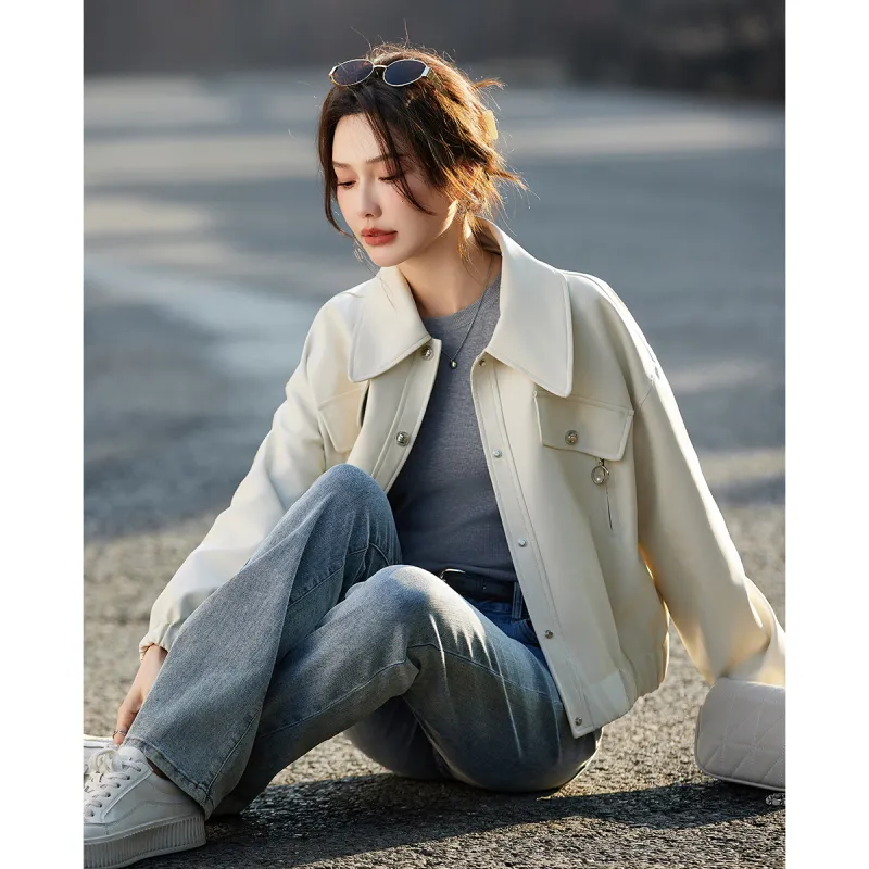 TERRE BLEUE Leather Jacket Women's Ecru-0