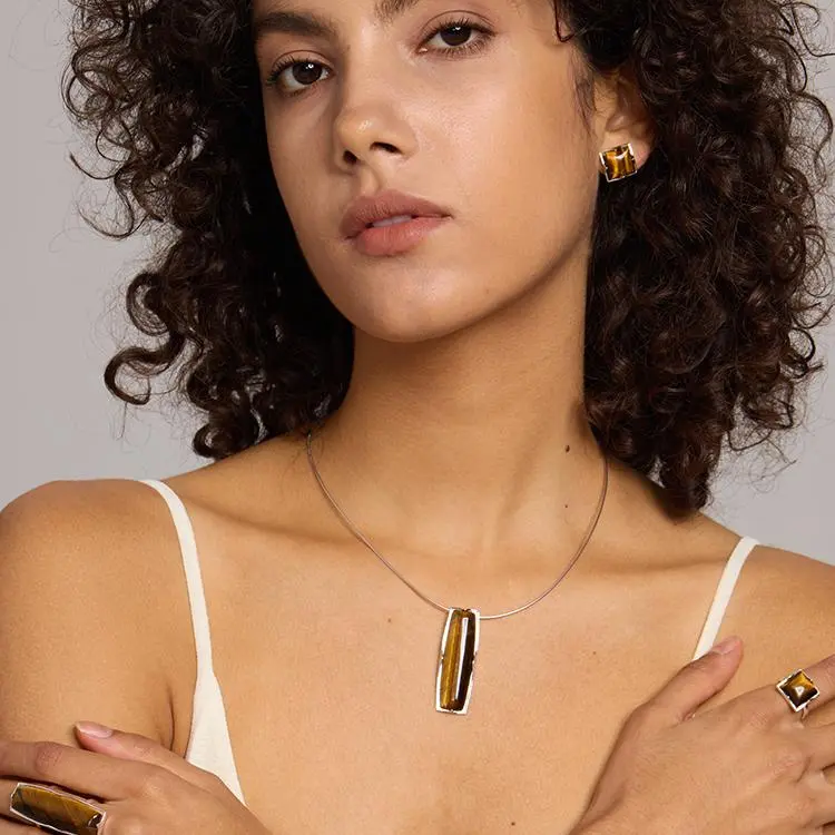 Qurioustone Tiger's Eye Stone Necklaces Unisex-2