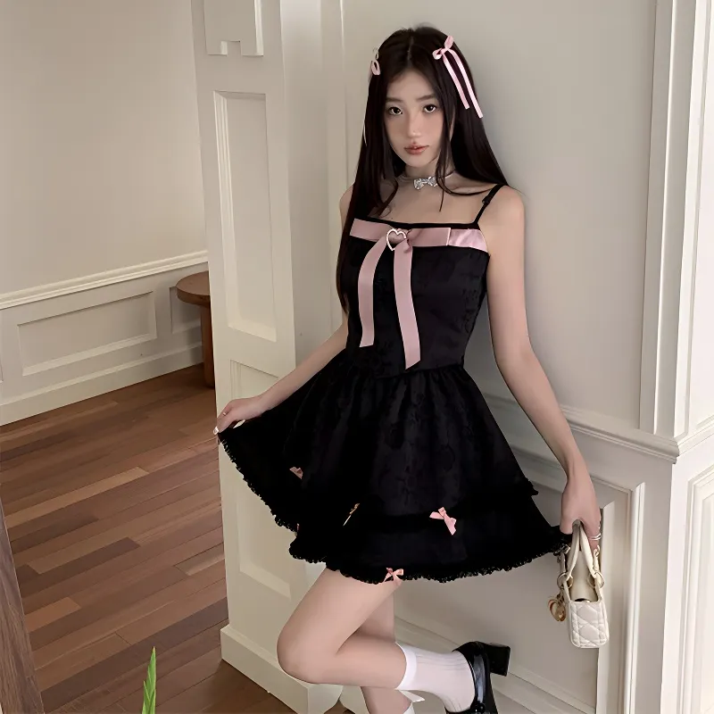 TIBINB Slip Dresses Women's Black Bowknot Dress-4