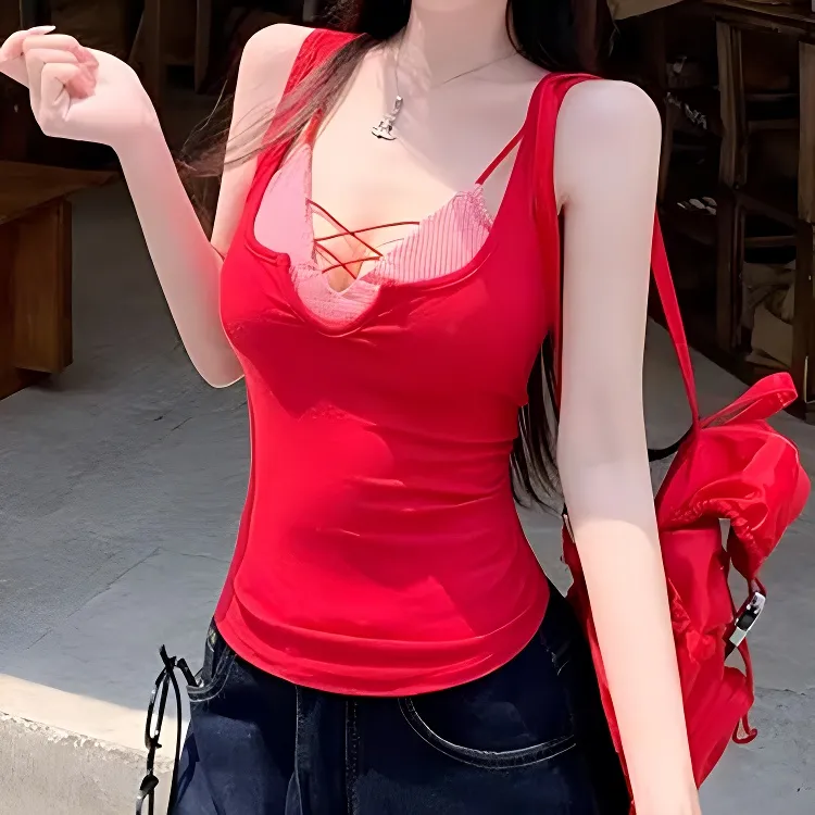TORIGHT Camisoles Women's Red With Pads+Bowknot Hair Tie Comes With-5