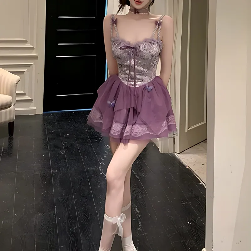 TURN UP Slip Dress Women's Violet+Bowknot Hair Tie Comes With-4