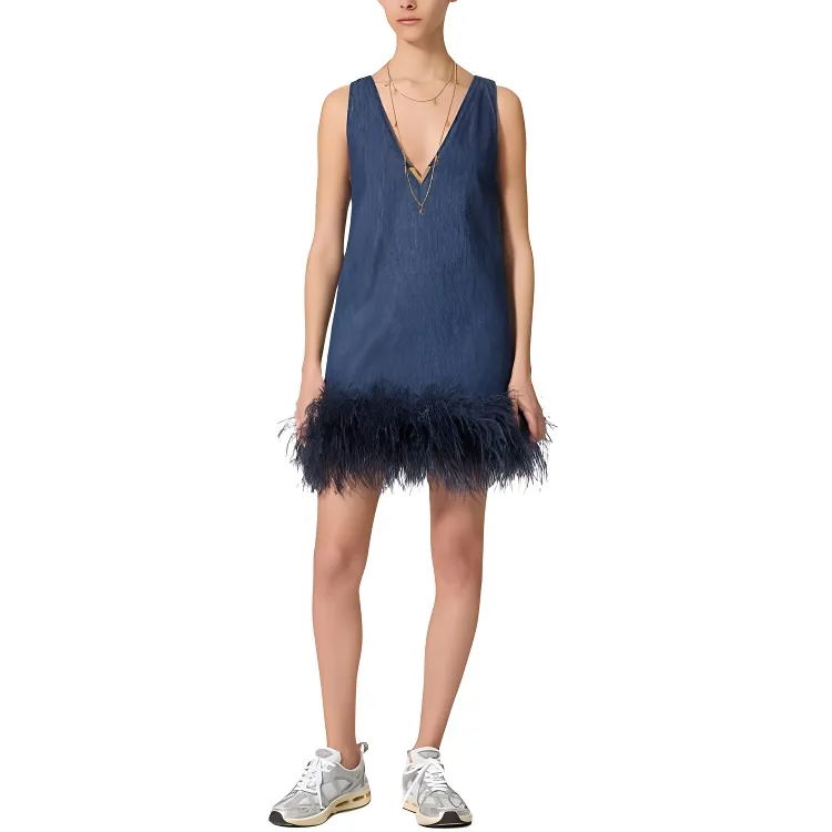 Valentino Feather trim Denim Dress-1