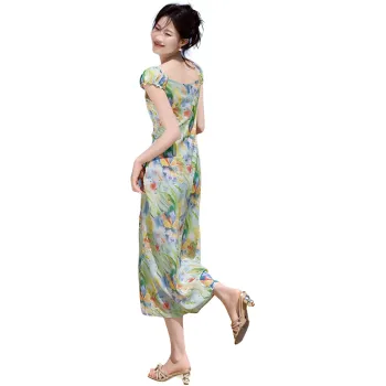 Mo Han Yi Mei Sleeveless Dress Women's Green Floral