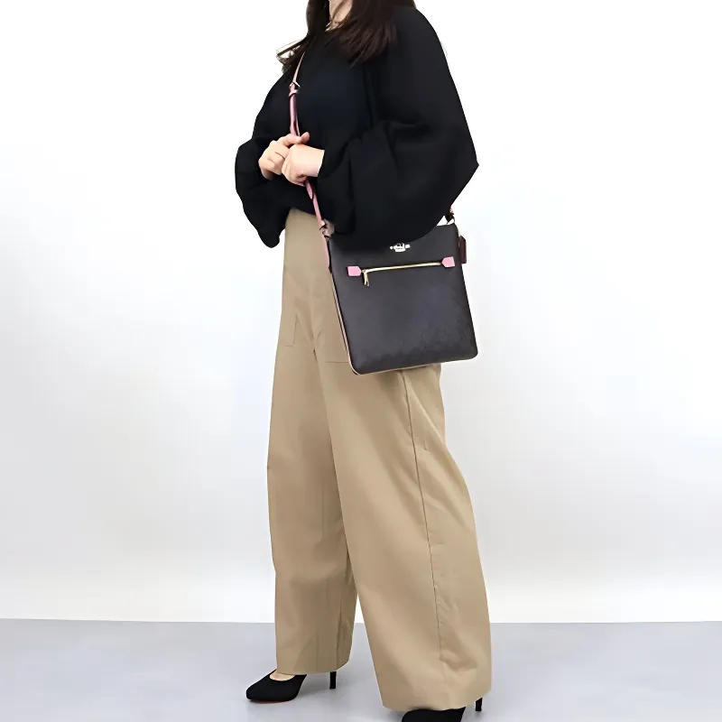 COACH Rowan PVC Document Bag Crossbody Bag Medium Size Women's Brown & Pastel Pink Shoulder Strap-4