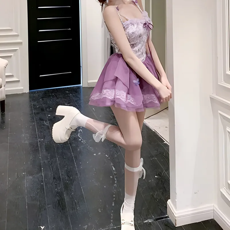 TURN UP Slip Dress Women's Violet+Bowknot Hair Tie Comes With-5