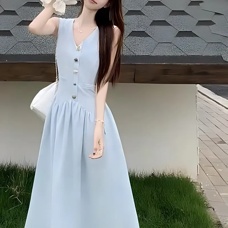 DOKZB Sleeveless Dresses Women's Light Blue-4