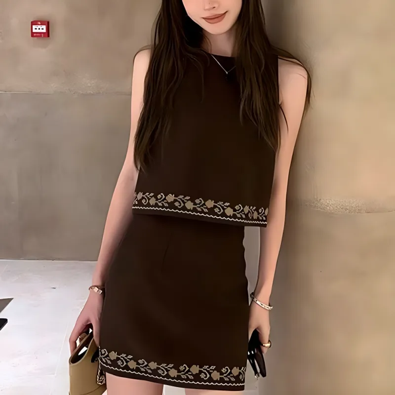 TURN UP Skirt Set Women's Brown Two Piece Set+Bowknot Hair Tie Comes With-6