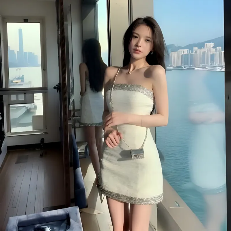YAUH Sleeveless Dresses Women's White Strapless Top Chanel Inspired Dress-4