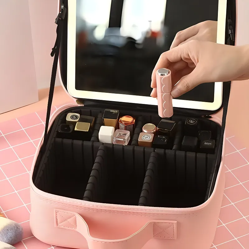 Future Maple Mirror With Detachable Divider And LED Strip Lights Makeup Bags Storage-3