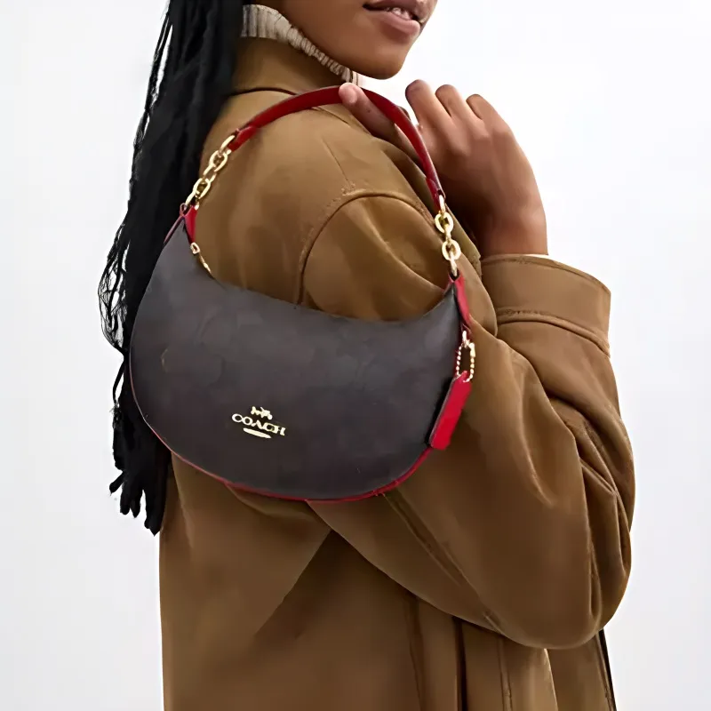COACH Peyton Coated Canvas Hobo Bag, Handbag, Shoulder Bag Tubas Women's Walnut Wood & Bold Red-3