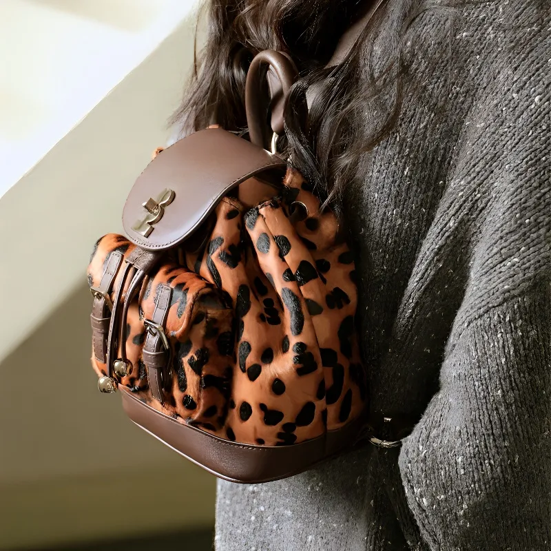 Tagi. Cow Leather Backpack Mini Unisex Leopard Print Imagination-1