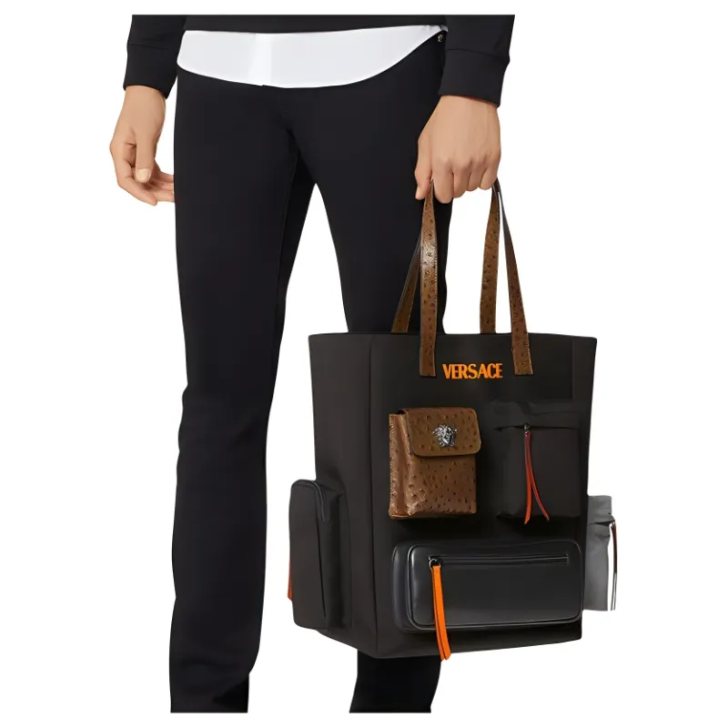 FANSIZHE VERSACE Cow Leather Tote Handbag Men's Black-3