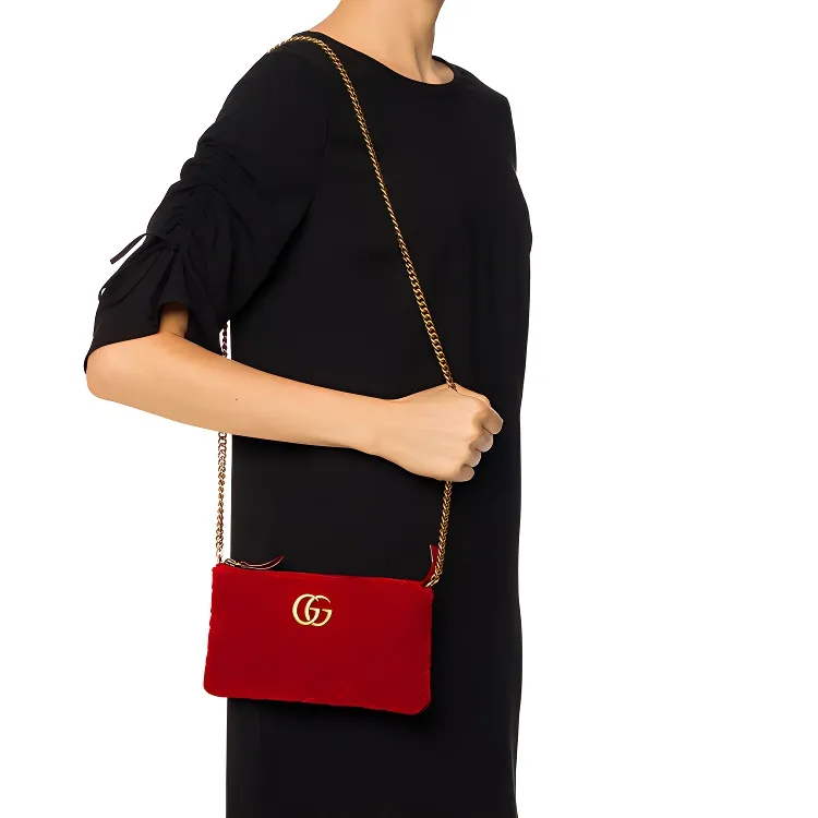 GUCCI GG Marmont Quilted Velvet Chain Bag Shoulder Bag Crossbody Bag Women's Red-4